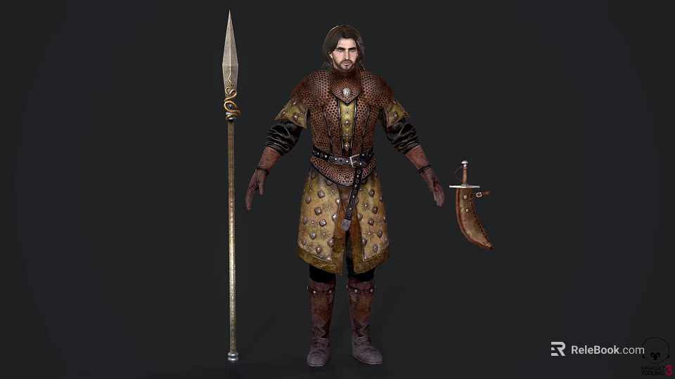 Game Movie Character Wearing Ornate Medieval Outfit With Spear And Scimitar 3d model 