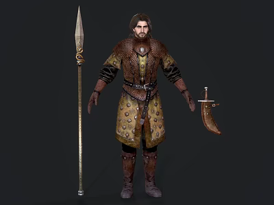 Game Movie Character Wearing Ornate Medieval Outfit With Spear And Scimitar 3d model