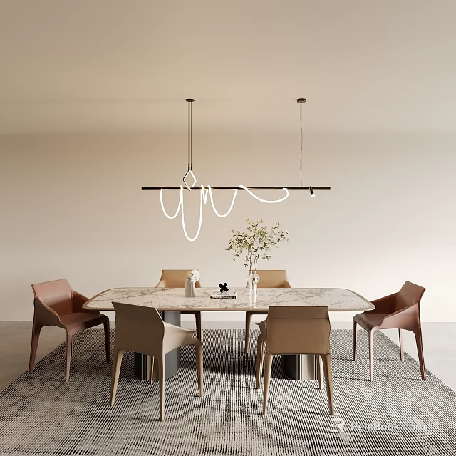Modern Dining Living Room Interior With Marble Table Chairs Pendant Light And Plants 3d model