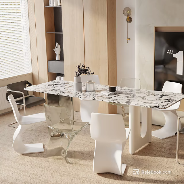 Modern Dining Table Set With Marble Tabletop White Chairs And Transparent Legs 3d model 