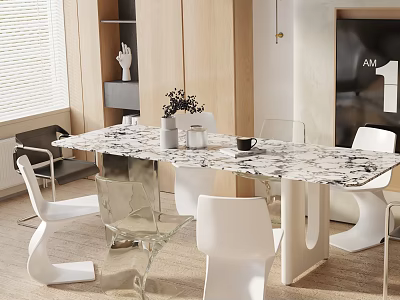 Modern Dining Table Set With Marble Tabletop White Chairs And Transparent Legs 3d model