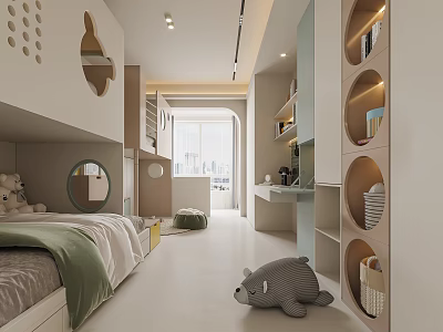 Kids Room Interior Design With Bunk Bed Round Storage Shelves Stuffed Toys And Bright Lighting 3d model