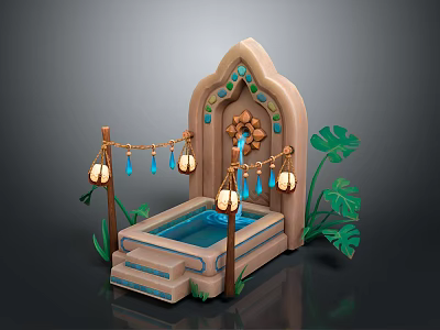 Garden Ornament With Stone Fountain Hanging Lanterns Water Drops And Green Leaves 3d model