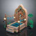 Garden Ornament With Stone Fountain Hanging Lanterns Water Drops And Green Leaves