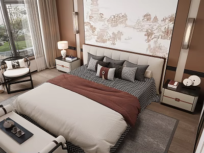 Elegant Modern Bedroom Interior Design With Bed Nightstand Decorative Painting Window Curtains And Rug 3d model