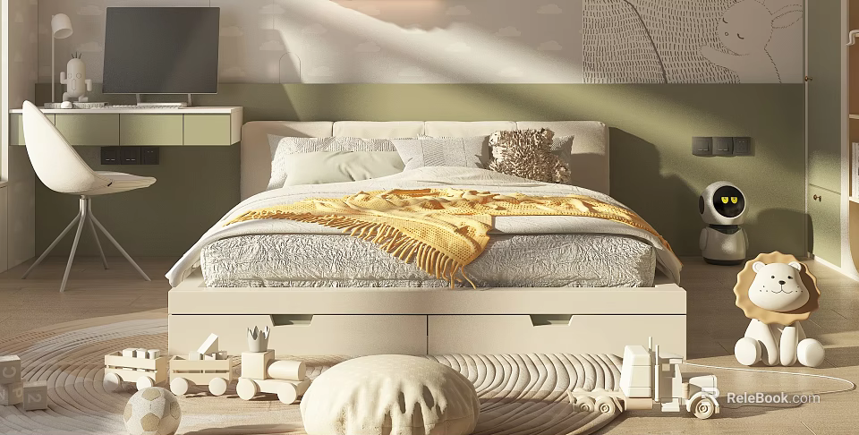 Cozy Kids Bed In Green Room With Storage Drawers Yellow Blanket And Wooden Toys 3d model 