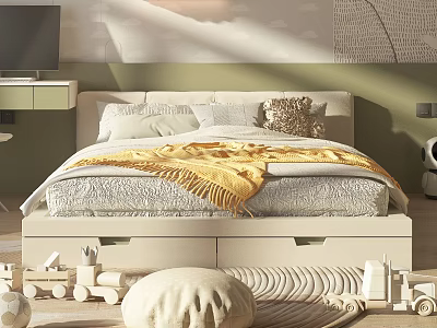 Cozy Kids Bed In Green Room With Storage Drawers Yellow Blanket And Wooden Toys 3d model
