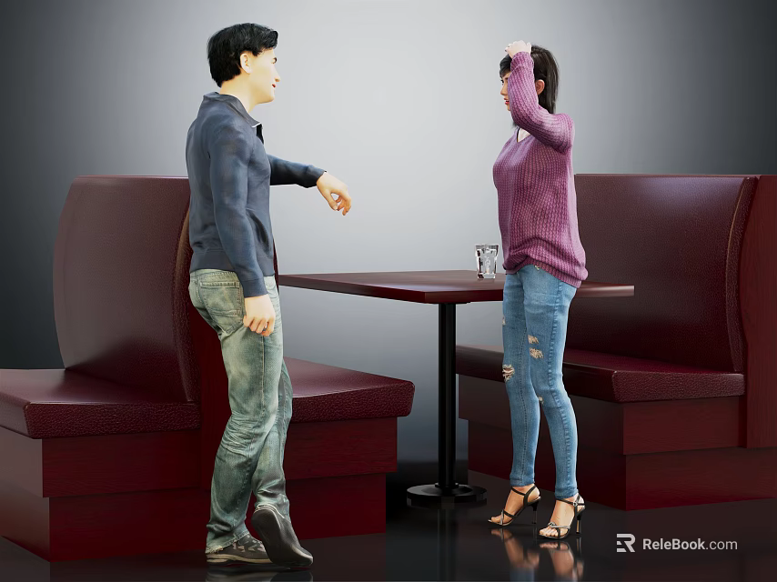 Two People Interacting Near Red Booth Seats With Table And Glass In Restaurant 3d model 