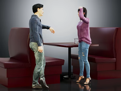 Two People Interacting Near Red Booth Seats With Table And Glass In Restaurant 3d model