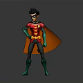 Superhero Character 3D Model With Red Green Costume Brown Cape Yellow Belt Standing Pose
