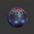 Artistic Colorful Sphere With Geometric Patterns And Luminous Dots On Dark Background