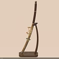 Traditional Japanese Sword With Wooden Sheath Brown Stand And Metal Fittings