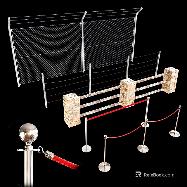 Variety of Fence Designs Including Chain Link Stone And Red Rope Barriers with Metal Posts 3d model 