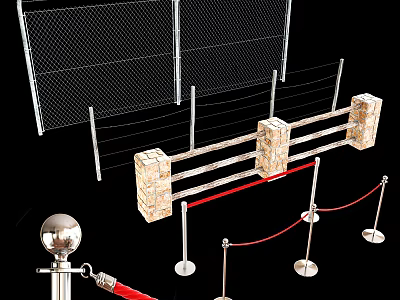 Variety of Fence Designs Including Chain Link Stone And Red Rope Barriers with Metal Posts 3d model