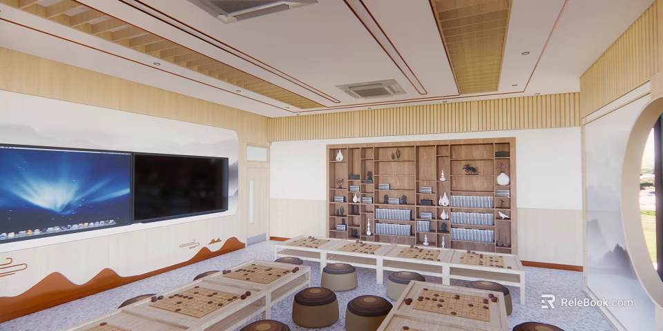School Activity Room With Wooden Decor TV Bookshelves Tables And Stools For Learning Activities 3d model 