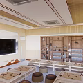 School Activity Room With Wooden Decor TV Bookshelves Tables And Stools For Learning Activities