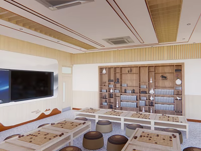 School Activity Room With Wooden Decor TV Bookshelves Tables And Stools For Learning Activities 3d model