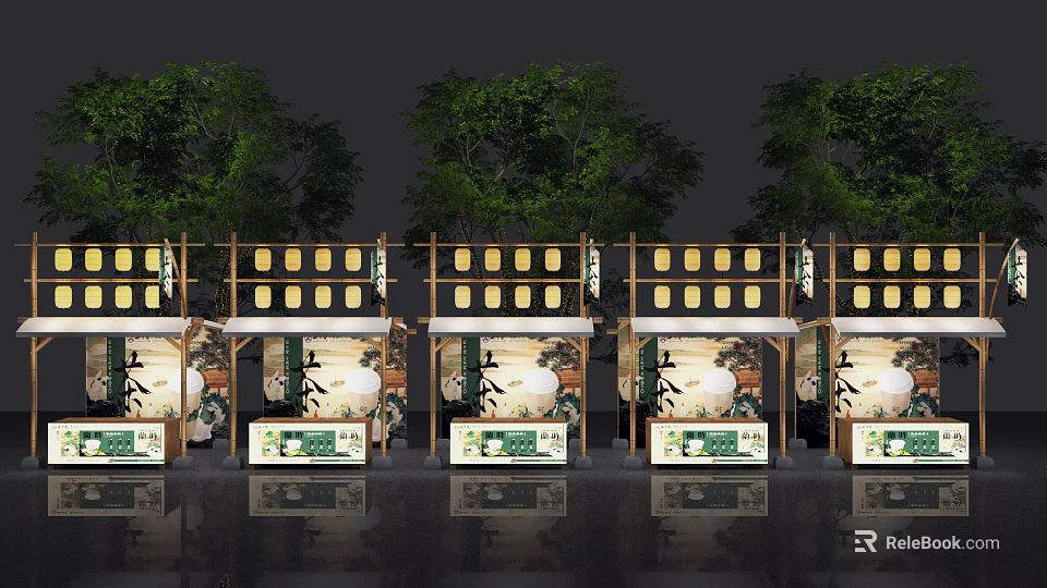 Row of Traditional Chinese Stalls With Wooden Frames Yellow Lanterns and Green Trees 3d model 