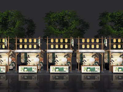 Row of Traditional Chinese Stalls With Wooden Frames Yellow Lanterns and Green Trees 3d model
