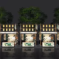 Row of Traditional Chinese Stalls With Wooden Frames Yellow Lanterns and Green Trees
