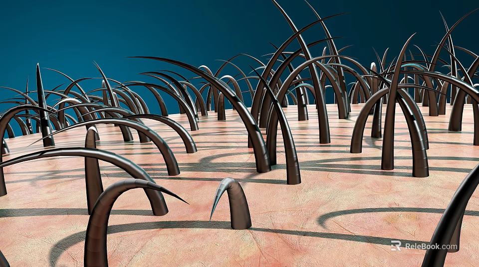 Microscopic View of Skin and Hair Structure With Curved Black Hairs on Textured Surface 3d model 