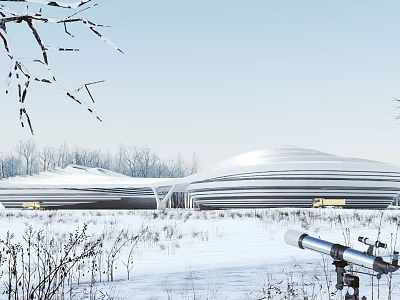 Modern Curved Building In Winter Snowy Landscape With Telescope And Trees 3d model