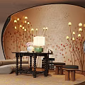 Stylish Flower Stand In Room With Arched Patterned Wall Flower Shaped Lamps Sofa And Stools