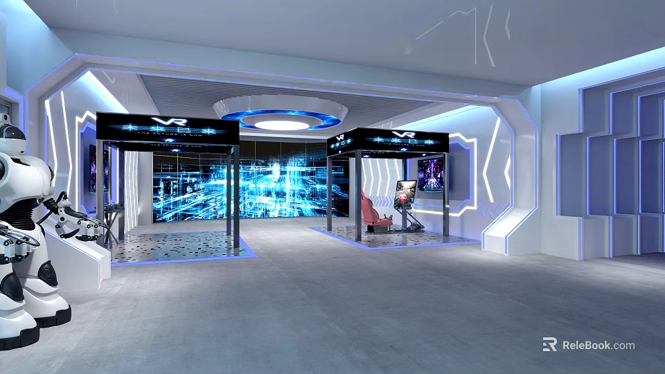 Futuristic VR Experience Center Interior With Blue Tech Screens Red Seats And Geometric Walls 3d model 