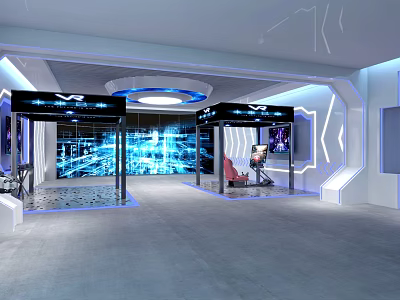 Futuristic VR Experience Center Interior With Blue Tech Screens Red Seats And Geometric Walls 3d model