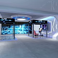 Futuristic VR Experience Center Interior With Blue Tech Screens Red Seats And Geometric Walls