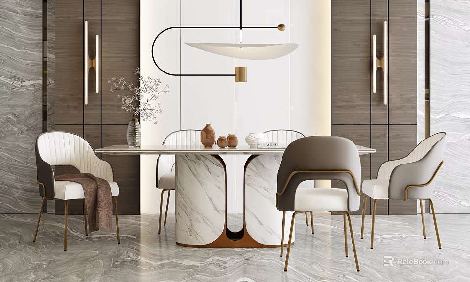 Modern Dining Table Set With Marble Top And Metal Legs White Gray Chairs Decorative Vases 3d model 