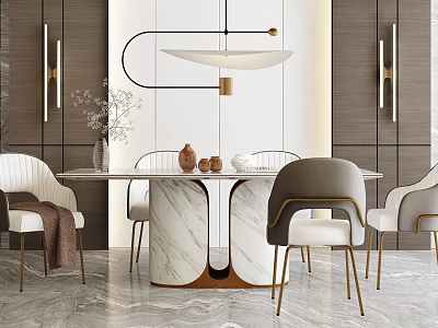 Modern Dining Table Set With Marble Top And Metal Legs White Gray Chairs Decorative Vases 3d model