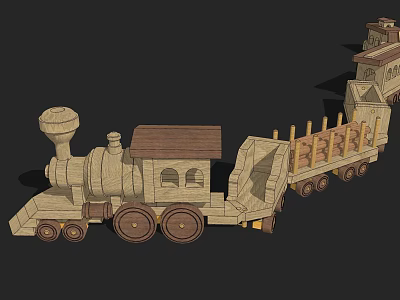 Wooden Building Blocks Train With Locomotive Carriages Wheels Fence Structure And Tower 3d model