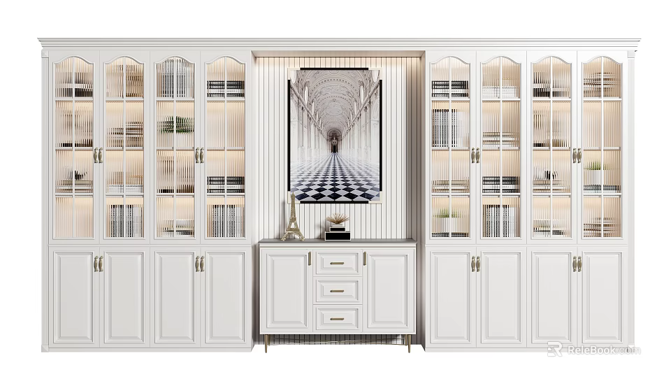 Modern White Bookcase With Glass Doors Multiple Shelves Drawers And Decorative Art 3d model 