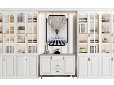 Modern White Bookcase With Glass Doors Multiple Shelves Drawers And Decorative Art 3d model