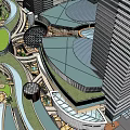 Modern Urban Commercial Complex With Shopping Mall Plaza Tall Buildings And Greenery