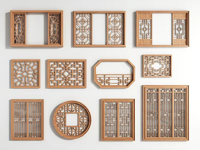Traditional Wooden Carved Lattice Windows With Various Shapes And Intricate Patterns 3d model