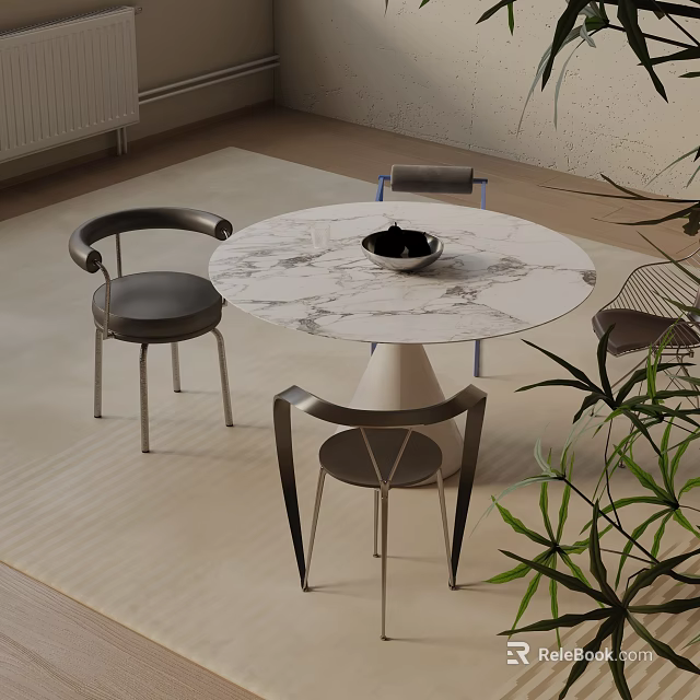 Modern Round Dining Table Set With Marble Top Chairs And Side Plant 3d model 
