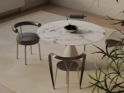 Modern Round Dining Table Set With Marble Top Chairs And Side Plant 3d model