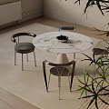 Modern Round Dining Table Set With Marble Top Chairs And Side Plant 3d model