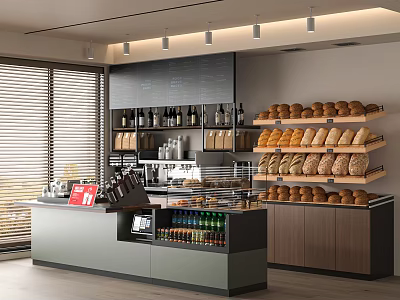 Modern Café Interior With Counter Coffee Machine Bread Shelves Wine Racks And Beverages 3d model
