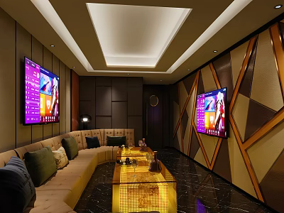 Modern KTV Room Interior Design With Large Screen TVs Sofa And Geometric Wall Design 3d model