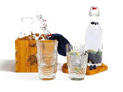 Clear Glass Wine Bottles And Textured Glasses On Wooden Tray With Blueberries 3d model