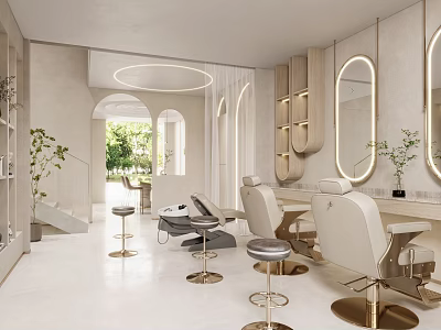Modern Beauty Hair Salon Interior With Styling Stations Mirrors Soft Lighting And Green Plants 3d model