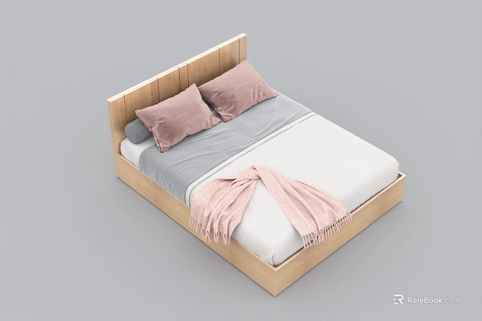 Double Bed with Wooden Headboard Pink Pillows Gray and White Bed Sheets and Pink Blanket 3d model 