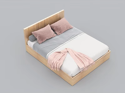 Double Bed with Wooden Headboard Pink Pillows Gray and White Bed Sheets and Pink Blanket 3d model