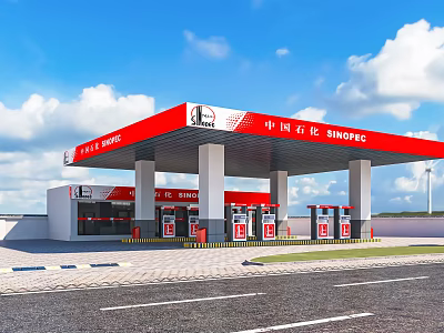 Sinopec Gas Station With Red Roof White Pillars And Fuel Pumps Under Blue Sky 3d model
