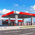 Sinopec Gas Station With Red Roof White Pillars And Fuel Pumps Under Blue Sky