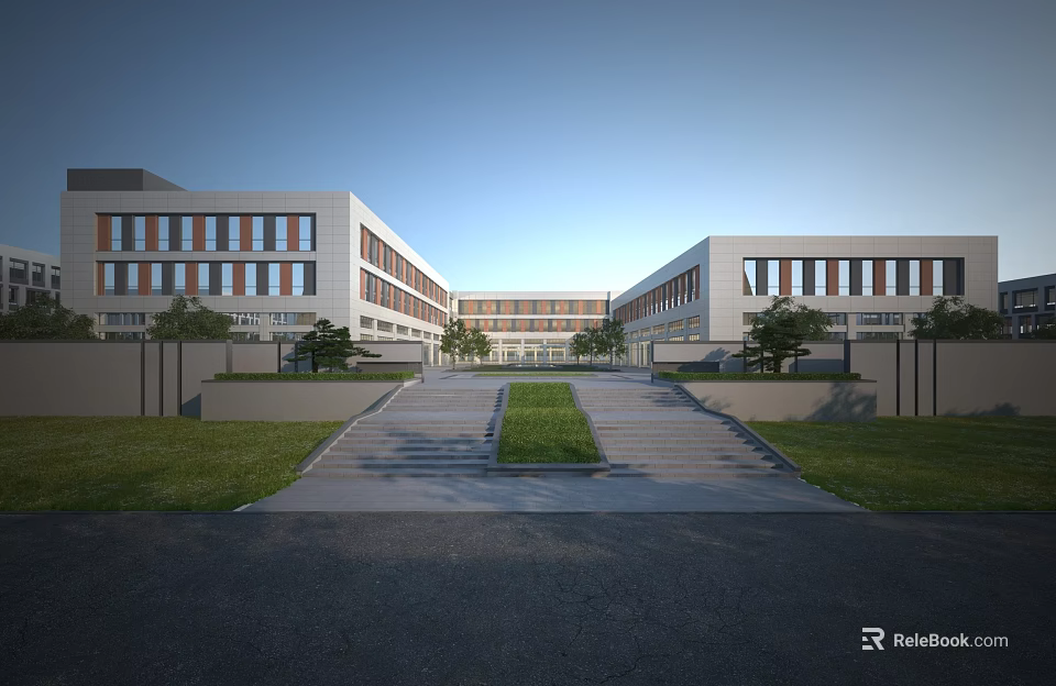 Modern Industrial Factory Building Exterior With Multiple Structures Central Greenery And Wide Roadway 3d model 