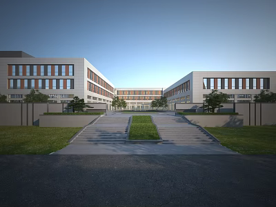 Modern Industrial Factory Building Exterior With Multiple Structures Central Greenery And Wide Roadway 3d model